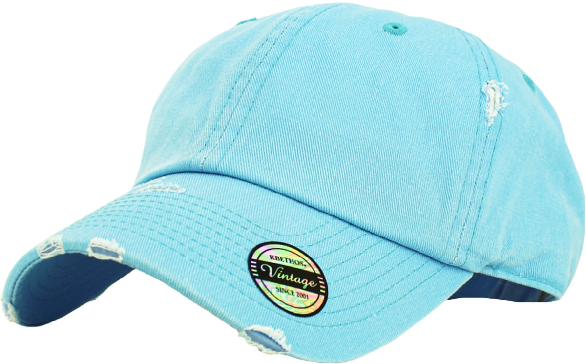 Neon Blue Distressed Vintage Baseball Cap Front Side View